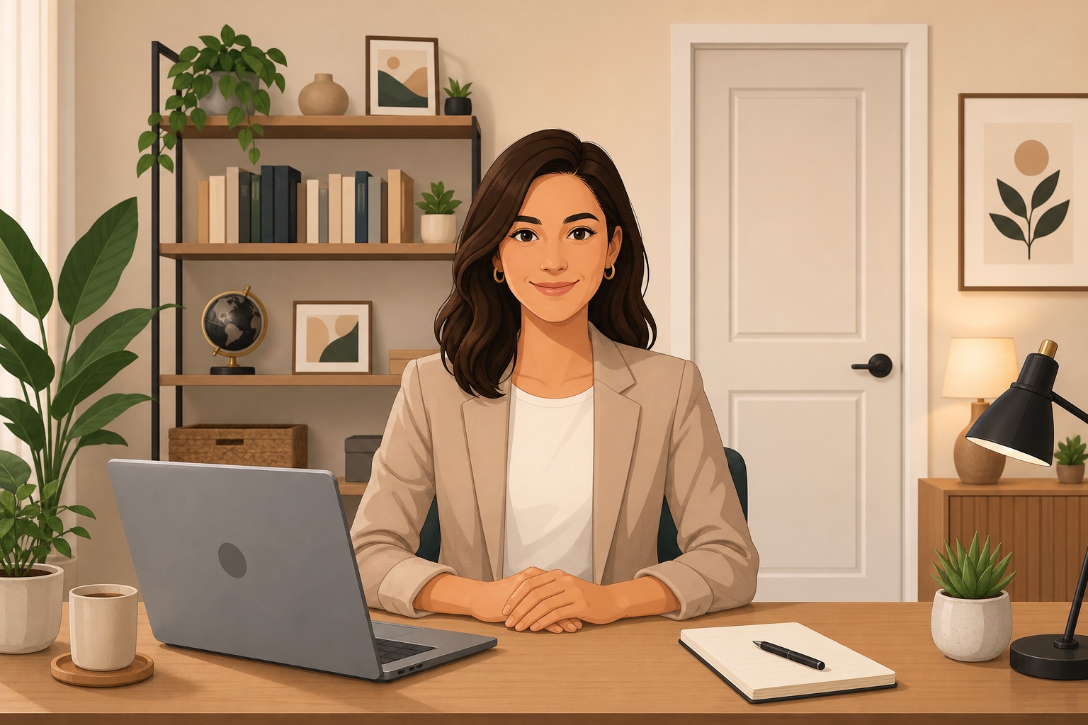 Tidy home office with a neutral background and business-casual attire for video calls