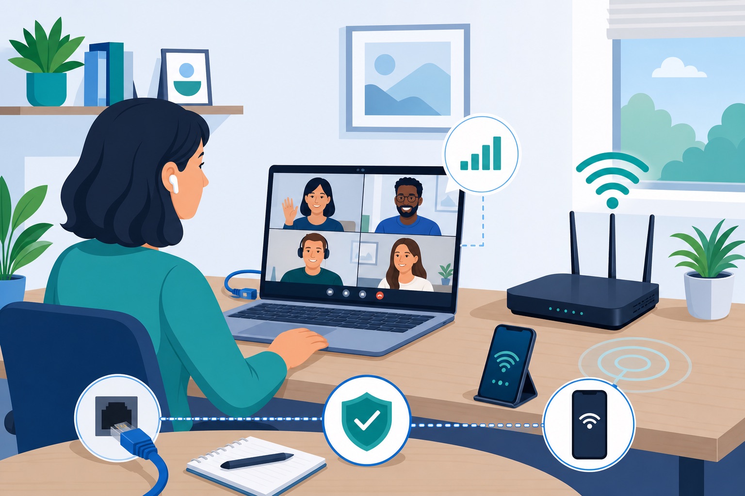 Router, laptop, and phone showing stable internet and mobile hotspot backup for video meetings