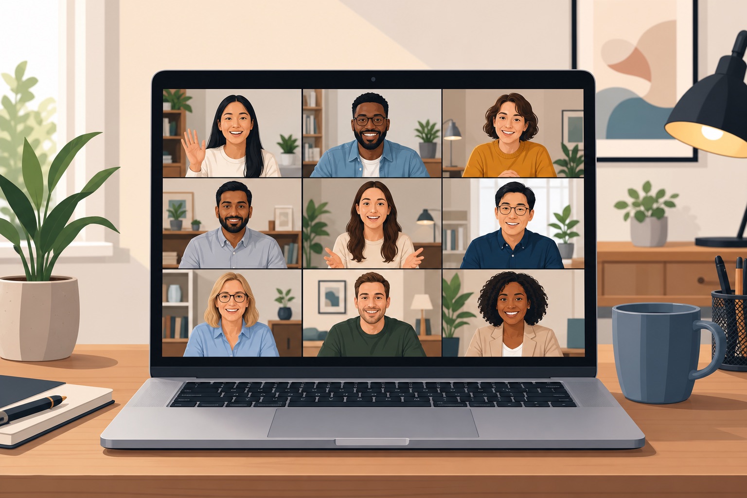 Team members collaborating in a professional grid-style video conference