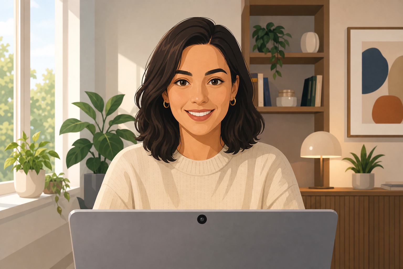 Person on a video call with eye-level camera placement and even front lighting