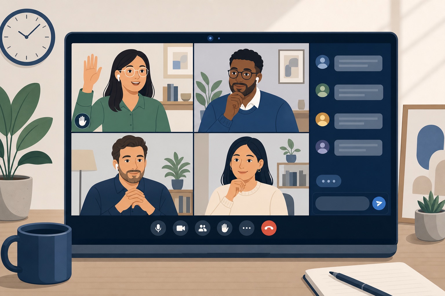 Video call participants using raise-hand signals and chat while listening attentively