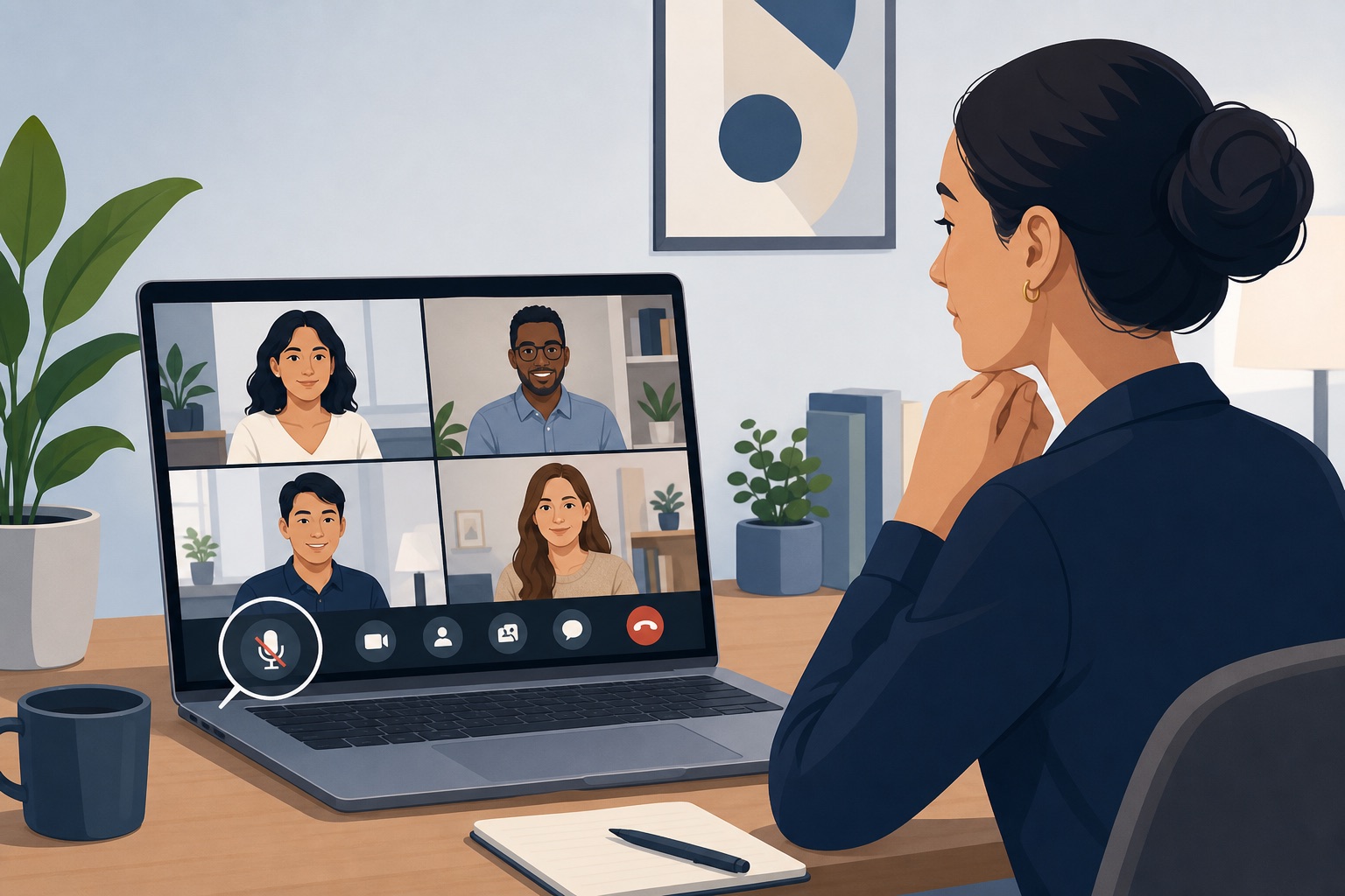 Video conference screen with mute enabled and an attentive participant