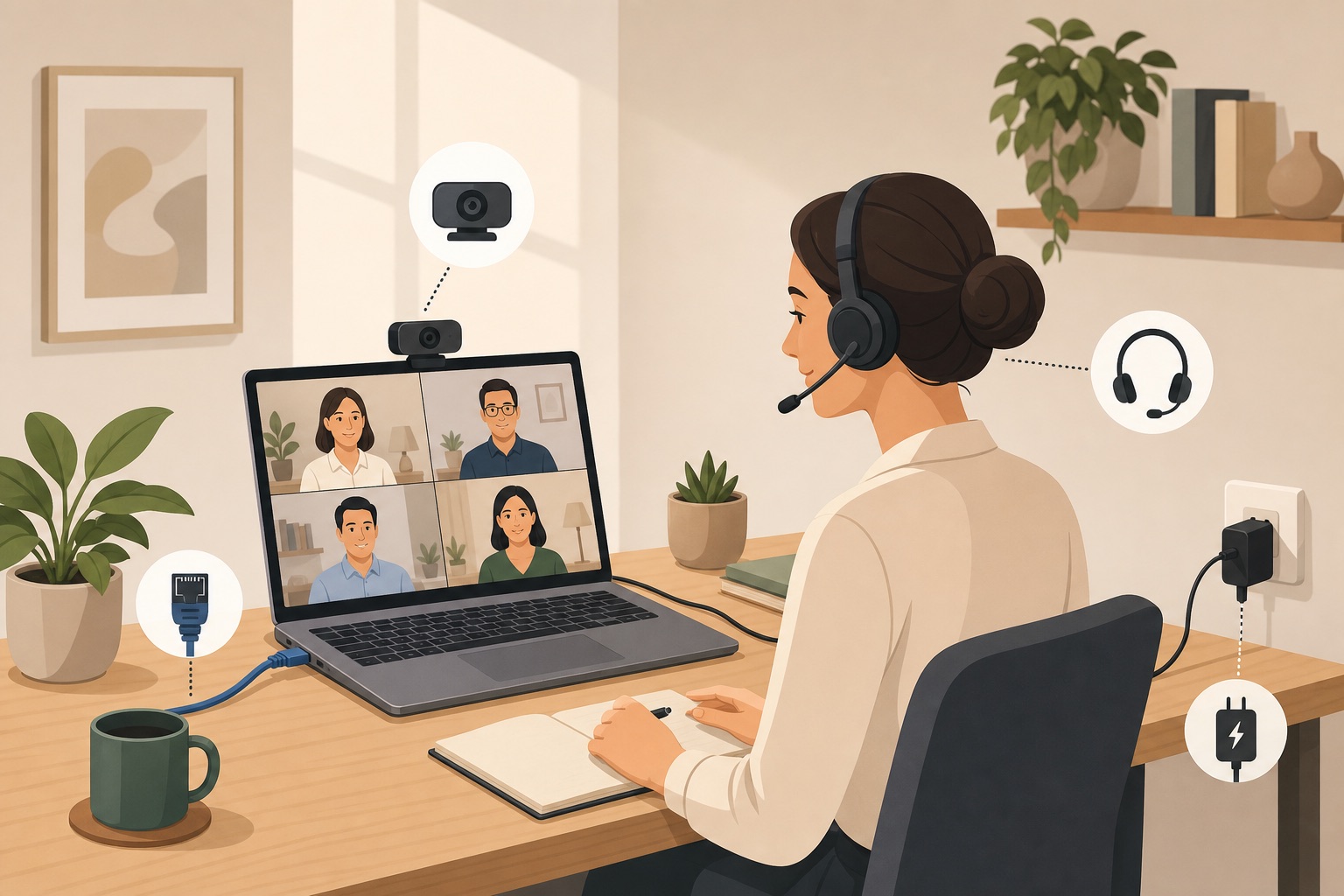 Home office desk with laptop, headset, webcam, and wired connection ready for a video call