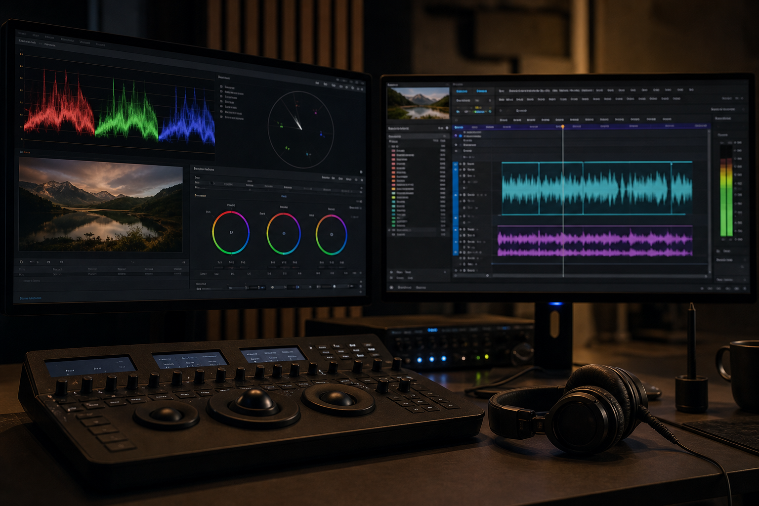 Post-production setup with color grading and audio waveform editing on dual monitors