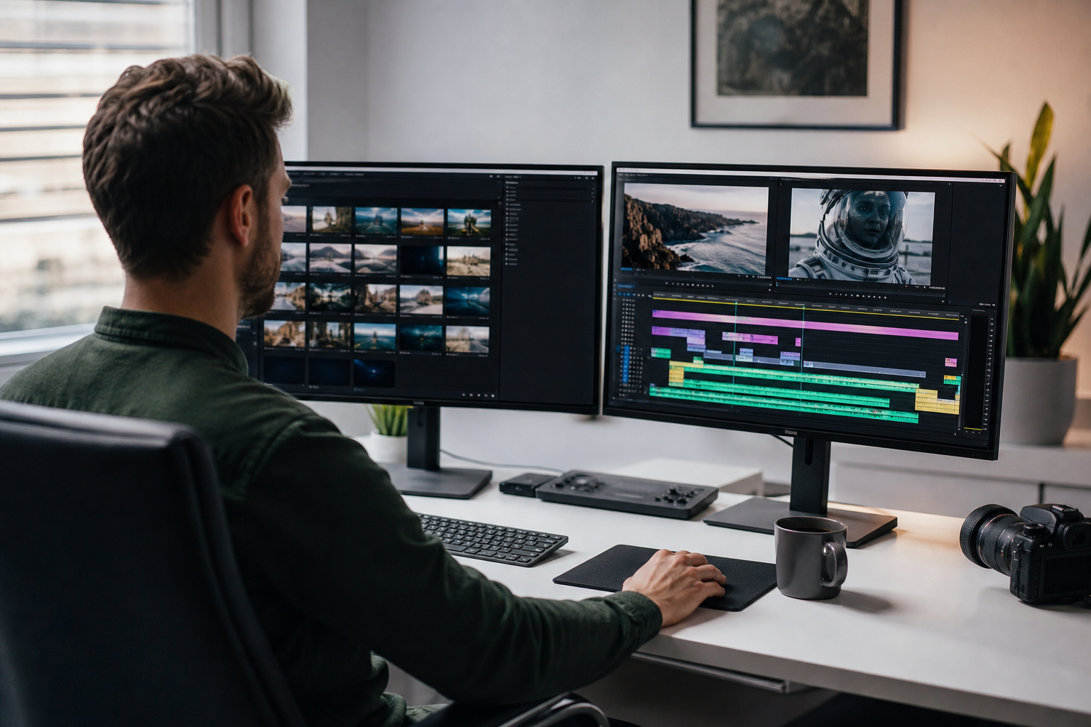 Video editor at a dual-monitor NLE workstation with organized timeline and media bins