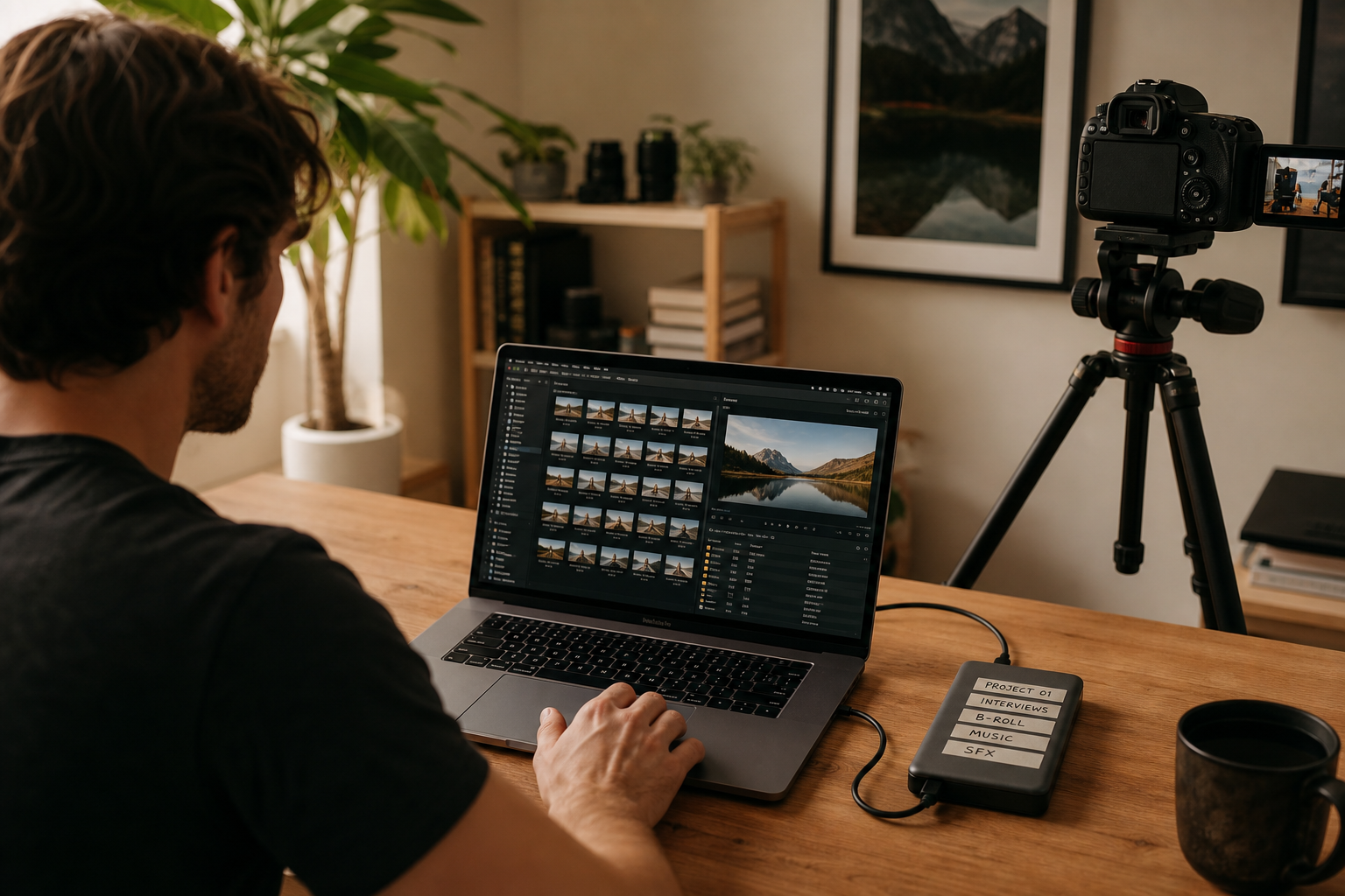 Creator organizing video files and camera gear before starting an edit