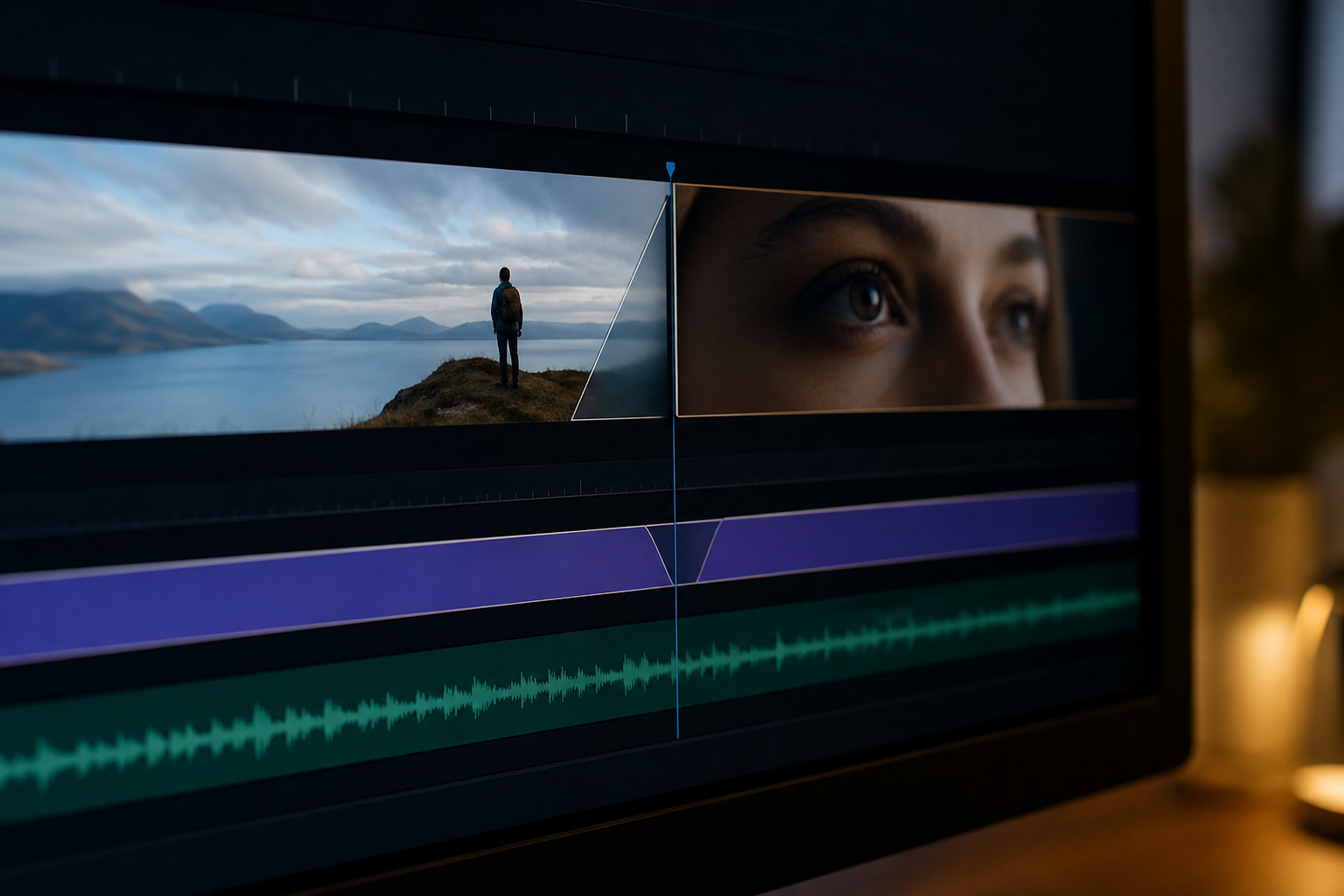 Video editing timeline showing a cut from a wide shot to a close-up with transition handles
